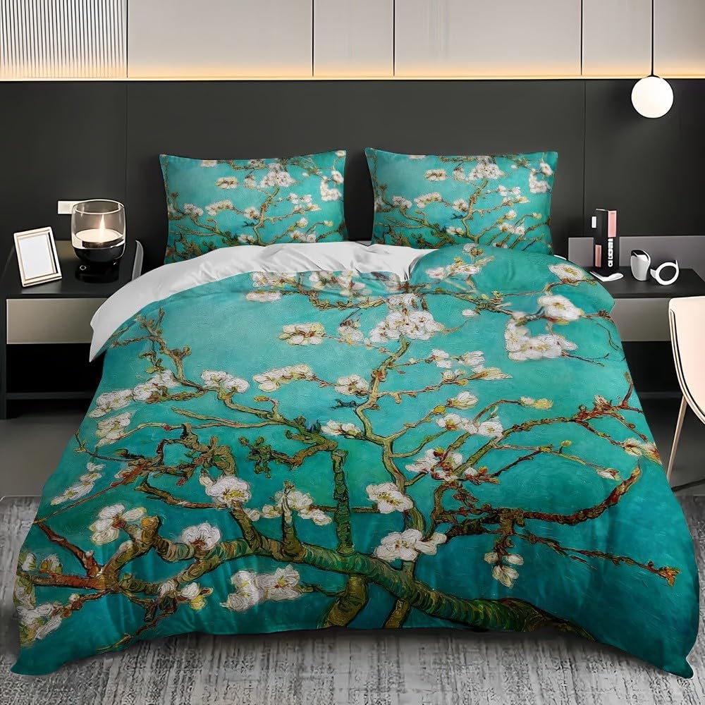 Zestaw pościeli Podwójna poszwa na kołdrę 240 x 220 cm rośliny kwiaty moreli gałązki drzew 3 szt. Miękka hipoalergiczna poszwa na kołdrę z mikrofibry z zamkiem błyskawicznym dla dorosłych, zielona
