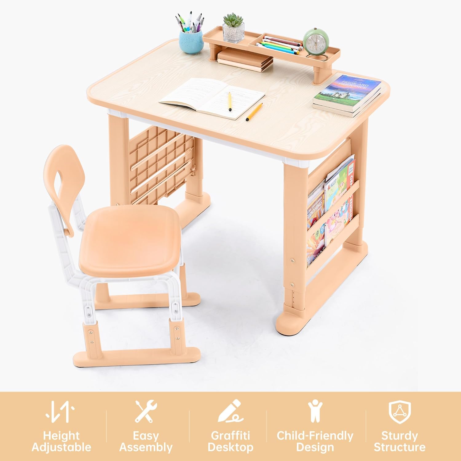 Kids Desk and Chair Set, Height Adjustable Kids Table and Chairs, Study Table for 3-12 Years Boy and Girl, Student Writing Desk with Side Bookshelf and Storage for Bedroom/Study Room/School