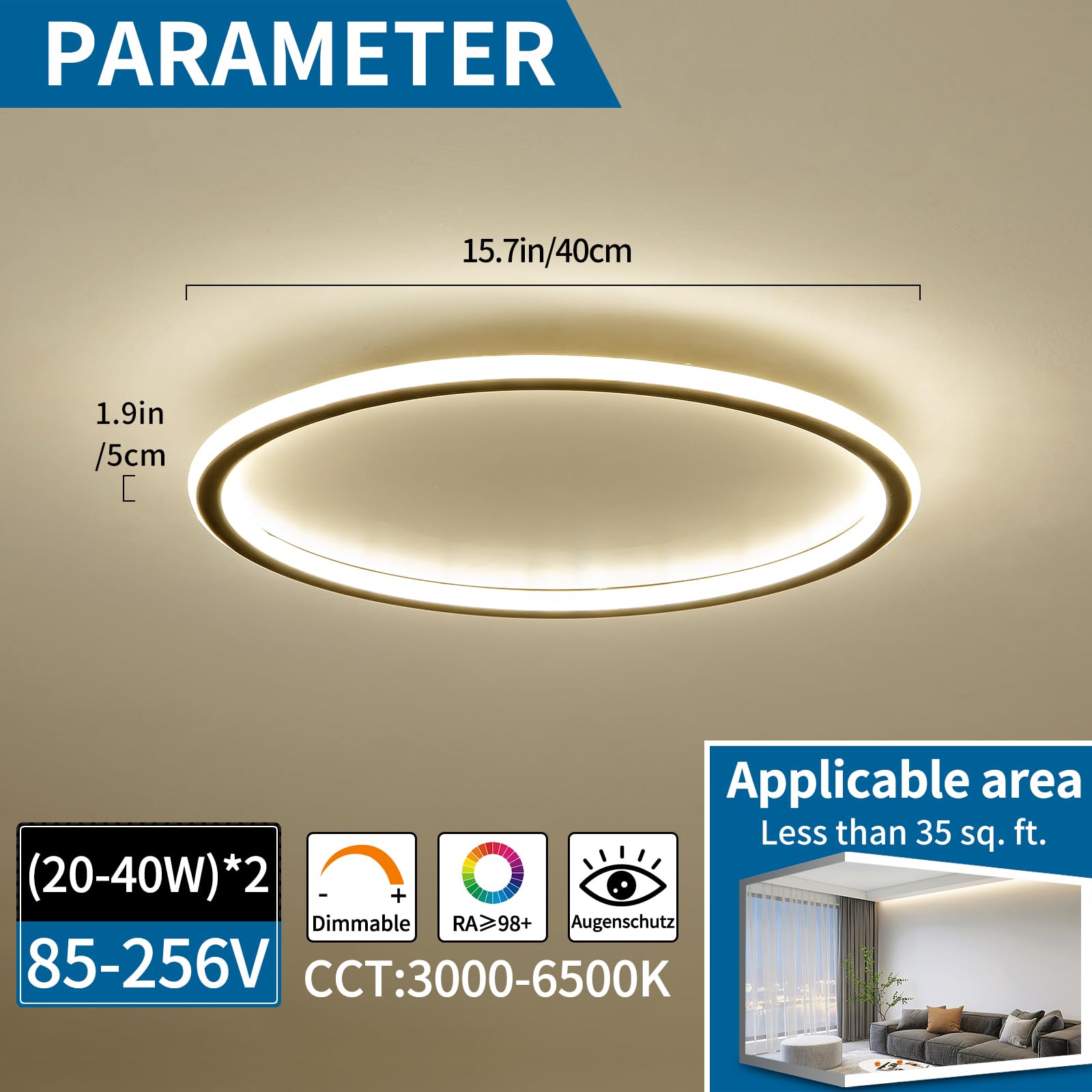 Mikeru 40CM LED Deckenleuchte Rund, LED Ring Deckenleuchten 10% bis 100% Dimmbare Decken Lampe 3000K/4500K/6500K Einstellbare Badezimmer Decke Licht für Wohnzimmer, Flur, Treppenhaus, Küche
