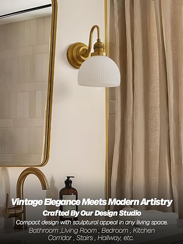 Miniatura 2 de Lámparas de pared doradas, lámpara de tocador de baño con cuenco a rayas, vidrio de leche, vintage, latón, lámpara de pared para baño, espejo, sala