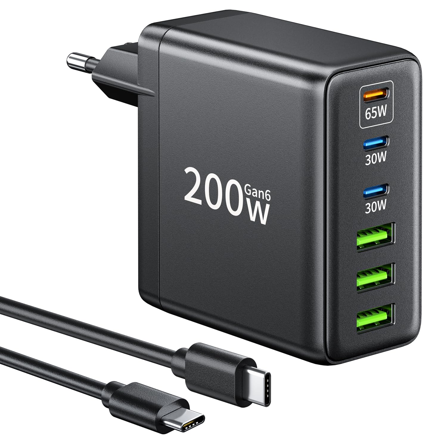 Ładowarka USB C 200 W, 6 portów, szybka ładowarka z 3 USBC i 3 USBA, wielokrotny zasilacz GaN, ładowarka PD do MacBook iPad Pro/Air, iPhone 17/16 Series, Samsung itd.
