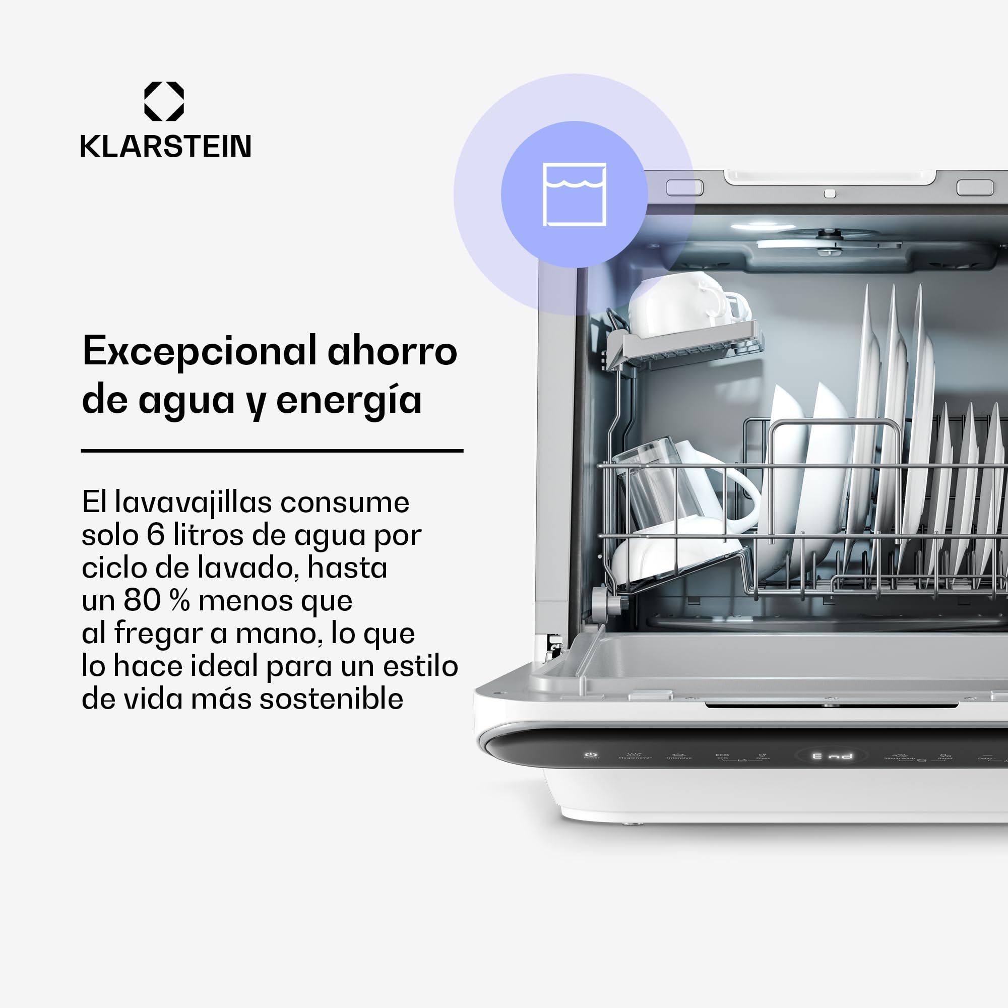 Lavavajillas de sobremesa Klarstein Oceana – Lavavajillas compacto para 3 servicios, 7 programas, 6 l de consumo de agua, AquaStop, diseño portátil