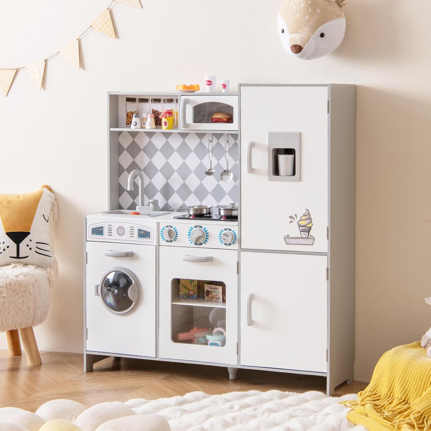 FANTASK Cuisine en Bois pour Enfants à partir de 3 Ans, Cuisine en Bois avec lumière et Son, Cuisine de Jeu avec cuisinière, Machine à Laver, Four, Micro-Ondes, ustensiles de Cuisine