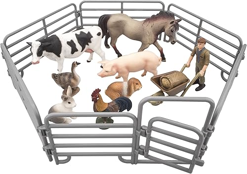 Miniatura 8 de TOYMANY Juego de 14 figuras de animales de granja realistas con valla juego de animales de granja incluye granjero caballo vaca cerdo gallina pato