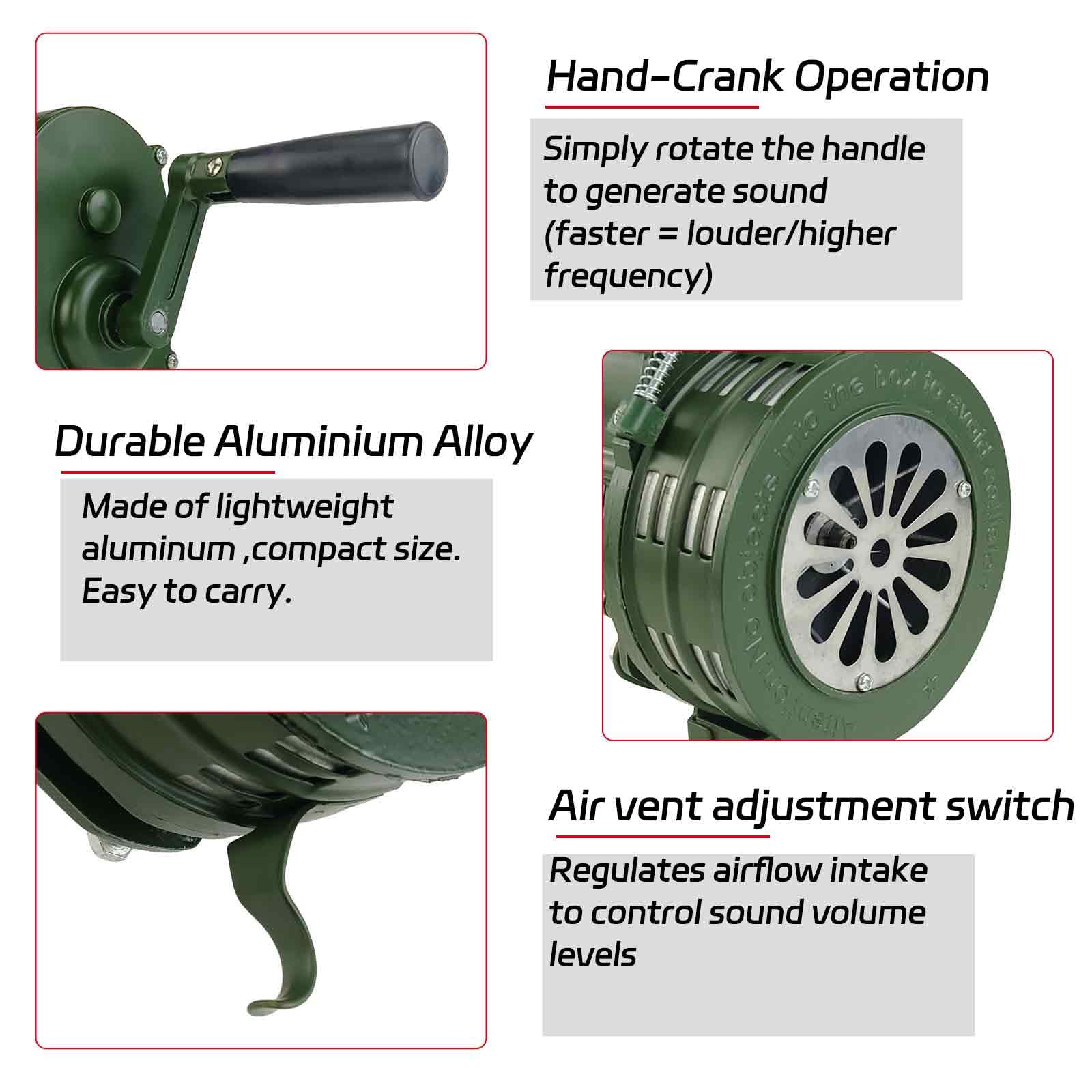 Sirena de mano Air Raid de aleación de aluminio de 110 dB, manivela de 110 dB, alarma de emergencia manual para supervivencia y seguridad