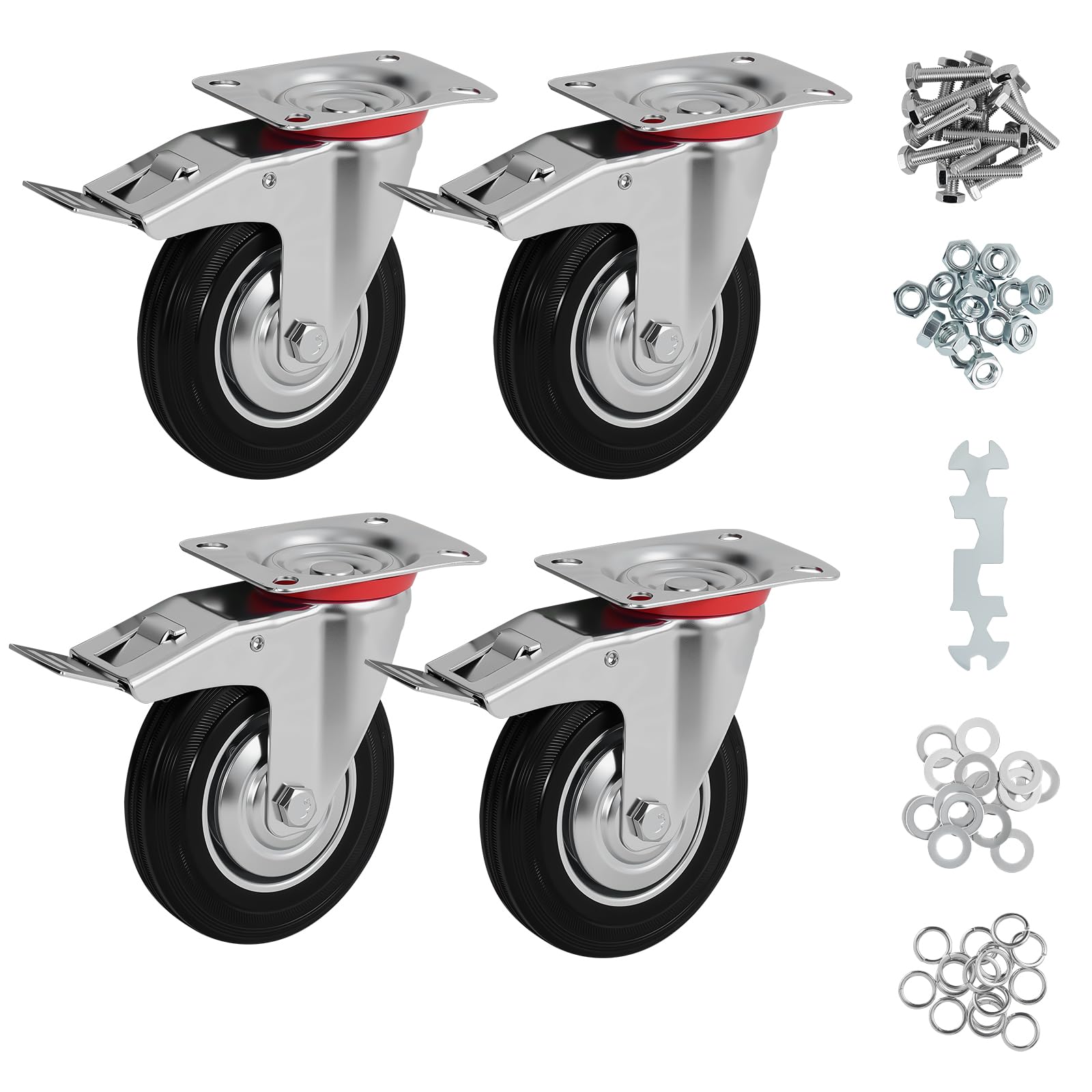 Sohnvwtgd 4 Inch Caster Wheels Set Of Heavy Duty Casters With Brake, Swivel Rubber Castors For Cart, Workbench,Black(4" Pack With Brake, )