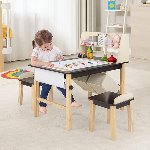 Miniatura 3 de Costzon Juego de mesa y silla de arte para niños, centro de manualidades de pintura de dibujo de madera con rollo de papel, 2 marcadores, 2