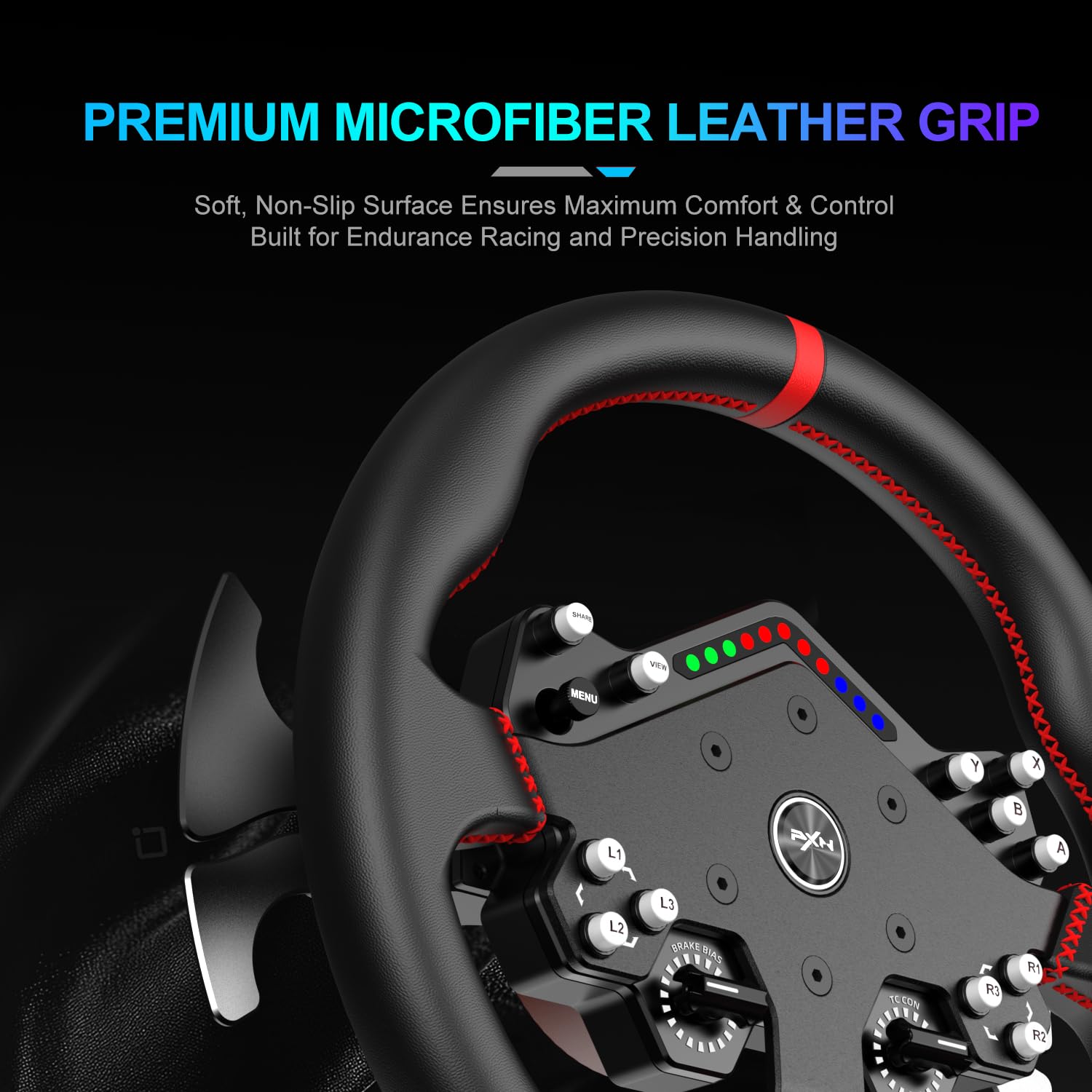 PXN W DS R2 Volante da Corsa – Compatibile con basi Direct Drive VD6 e VD10 – Rilascio rapido, 4 palette, indicatore RGB, pelle in microfibra – 30 cm corona piatta