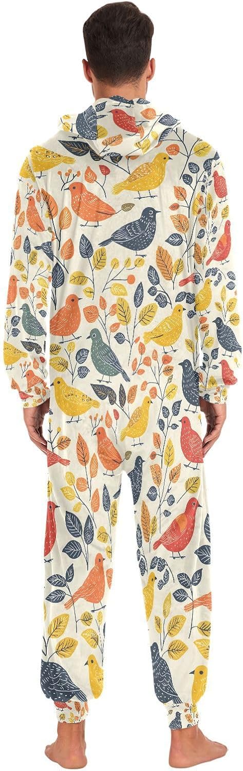 Autumn Bird Foliage Pattern Adult Onesie Pajamas Novelty One Piece Costume Sleepwear Jumpsuits Matching PJS
