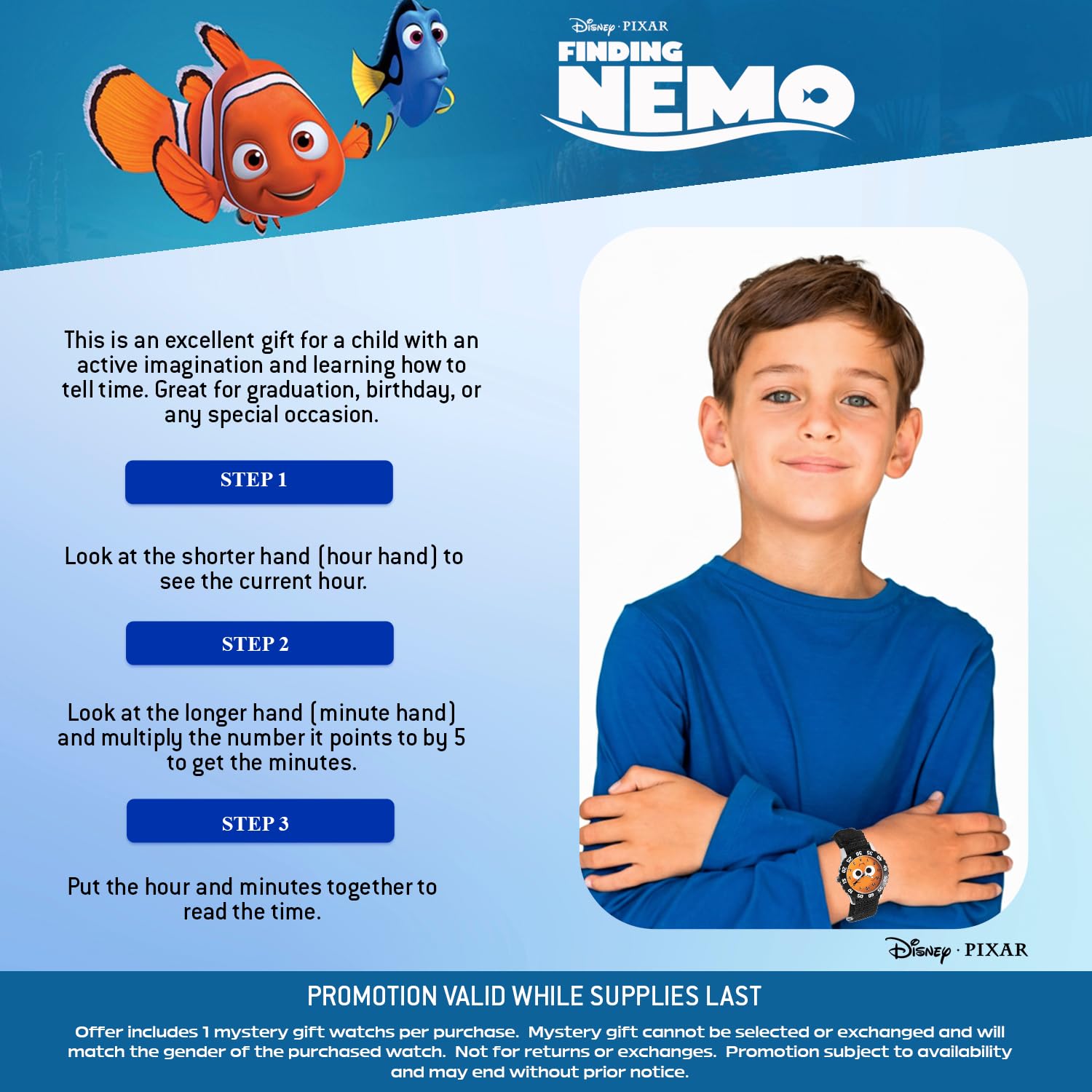 Disney Pixar Finding Nemo Orologio per bambini dai 3 ai 7 anni - con quadrante con personaggi Nemo - Ottimo regalo per ragazzi - Quadrante di facile lettura, lunetta nera e cinturino in nylon nero