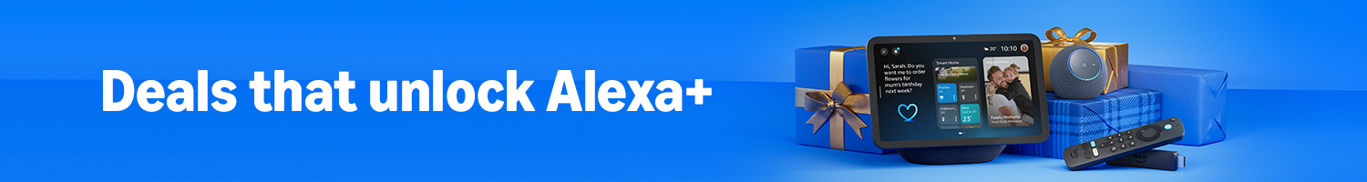 Amazon devices surrounded by wrapped gift boxes on blue background. Text reads: "Deals that unlock Alexa+".
