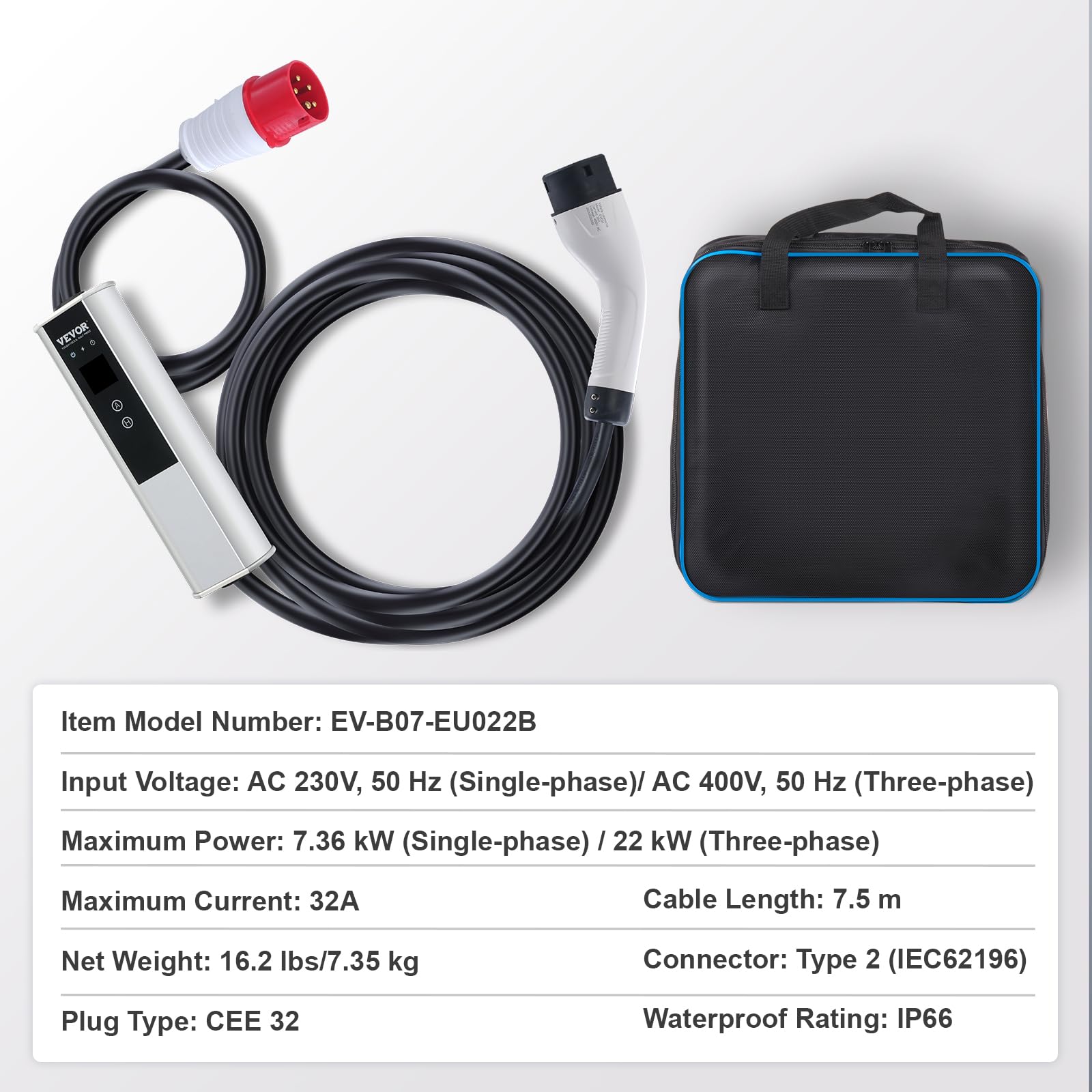 VEVOR Przenośna ładowarka samochodowa typu 2 IEC6219 Elektryczna ładowarka samochodowa 32 do 7.36 kW Jednofazowy 22 kW Trójfazowy kabel ładujący 7,5 m CEE 32 wtyczka LCD IP66 z torbą