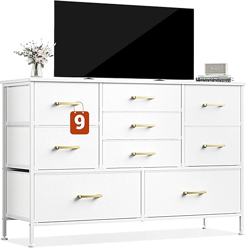 GipGiper Soporte ancho para TV de 55 pulgadas, centro de entretenimiento con 9 cajones de tela, unidad organizadora de almacenamiento para