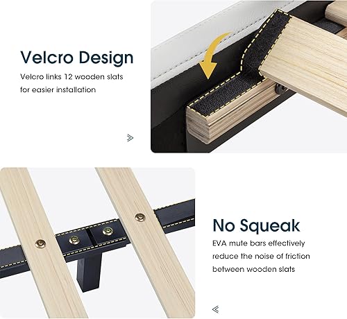 Miniatura 7 de WEEWAY Base de cama moderna de plataforma tapizada tamaño Queen, cama de trineo de piel sintética con cabecera ajustable, soporte de listones de