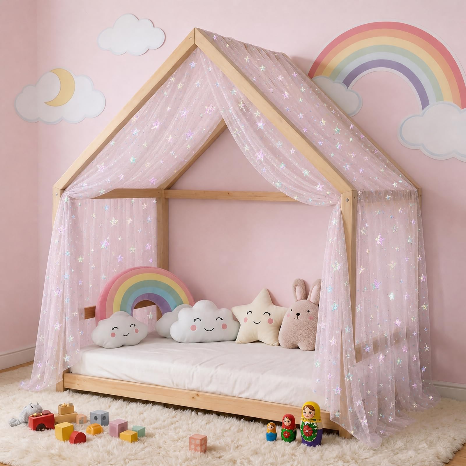 Allbestaye Sheer House Bed Canopy Curtain with Iridescent Stars 150 x 457cm โ image 1