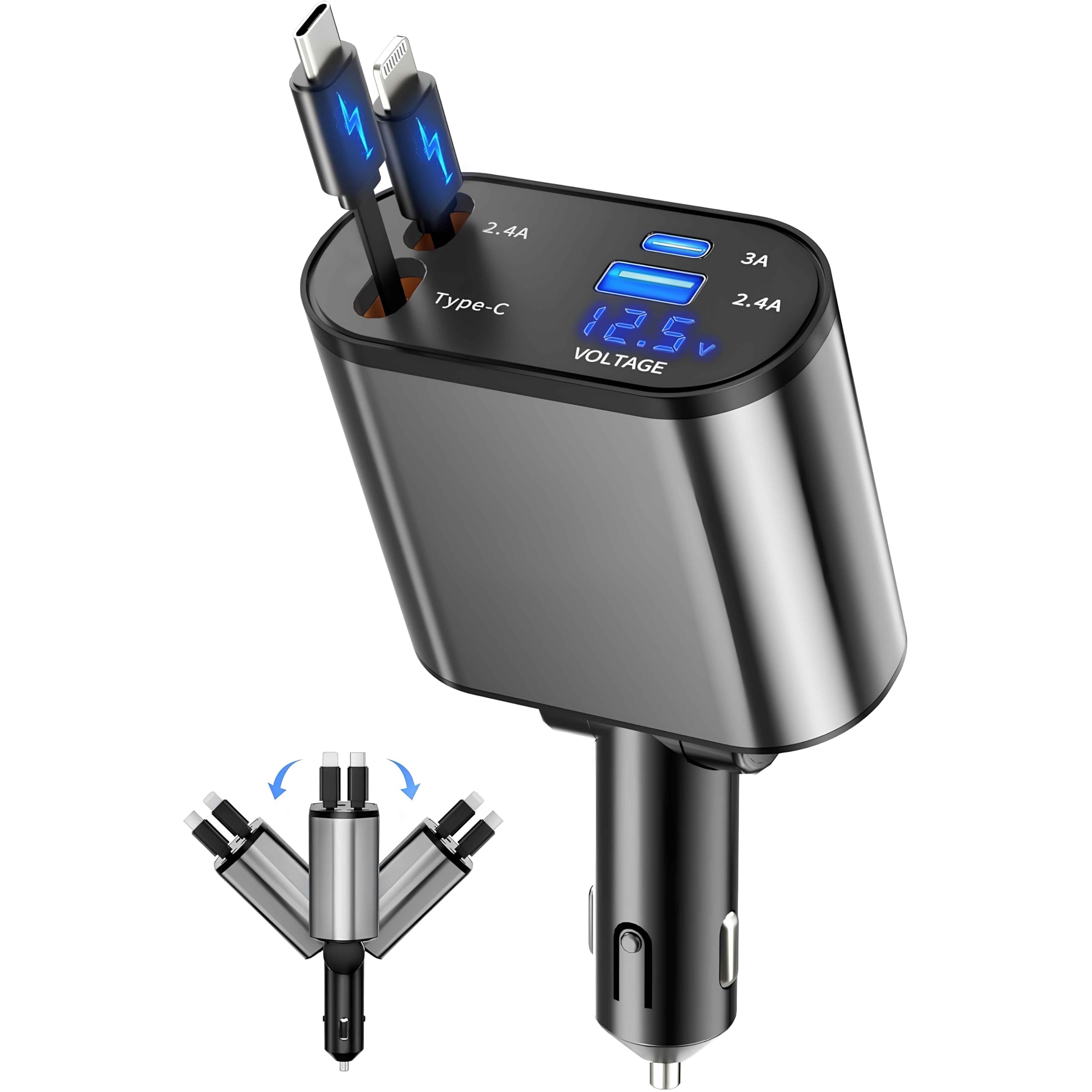 120W Fast Car Charger (2025 New Version) with 80CM Retractable Type-C Charging for 4 Devices – Universal Car Mobile Charger for All Smartphones & Tablets (Car Charger)-image-32