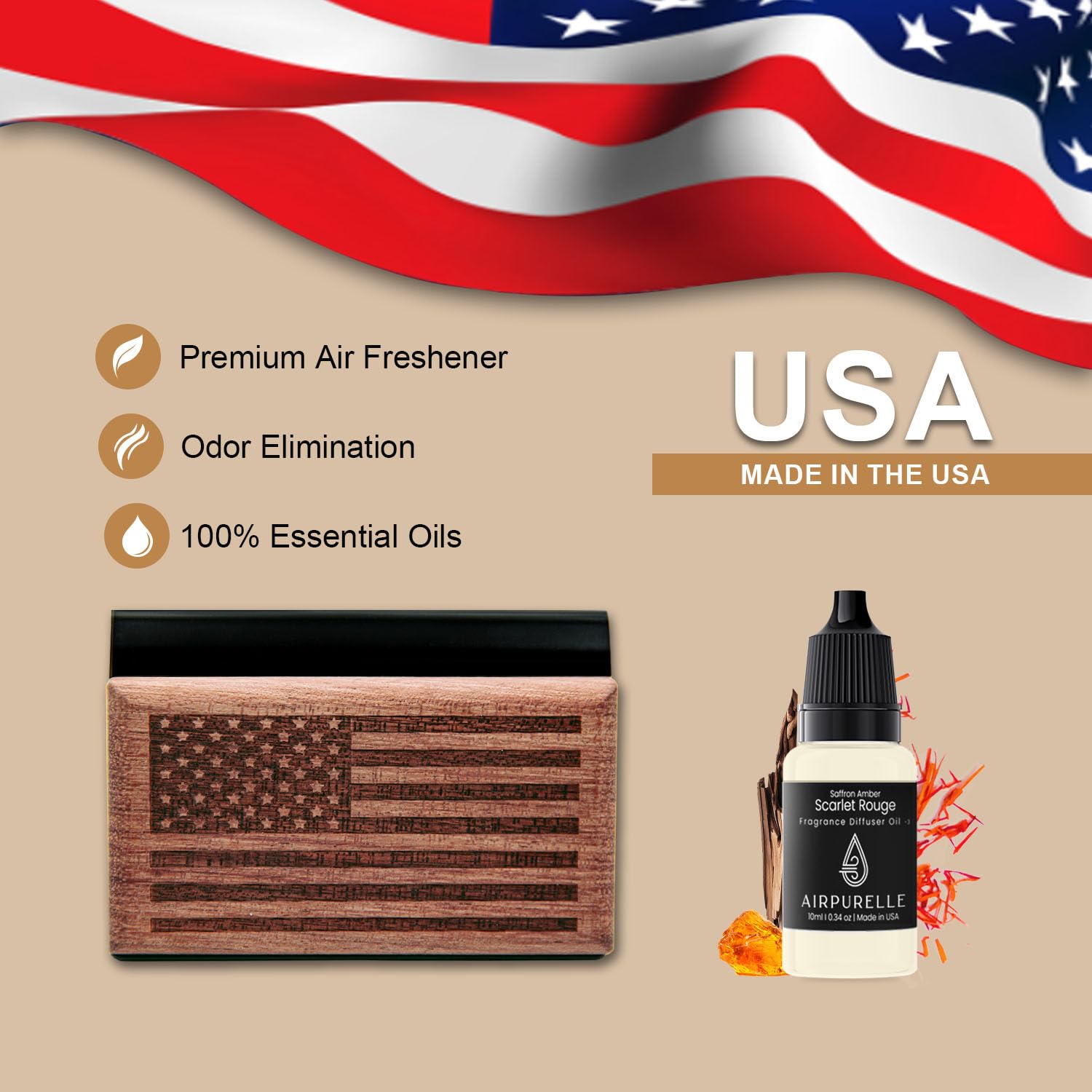 AirPurelle Ambientador de coche para hombre, más de 60 días de duración, ambientador de madera con aroma a ámbar azafrán, incluye recambios de 8 ml y clip magnético, 0.27 onzas líquidas, fabricado en