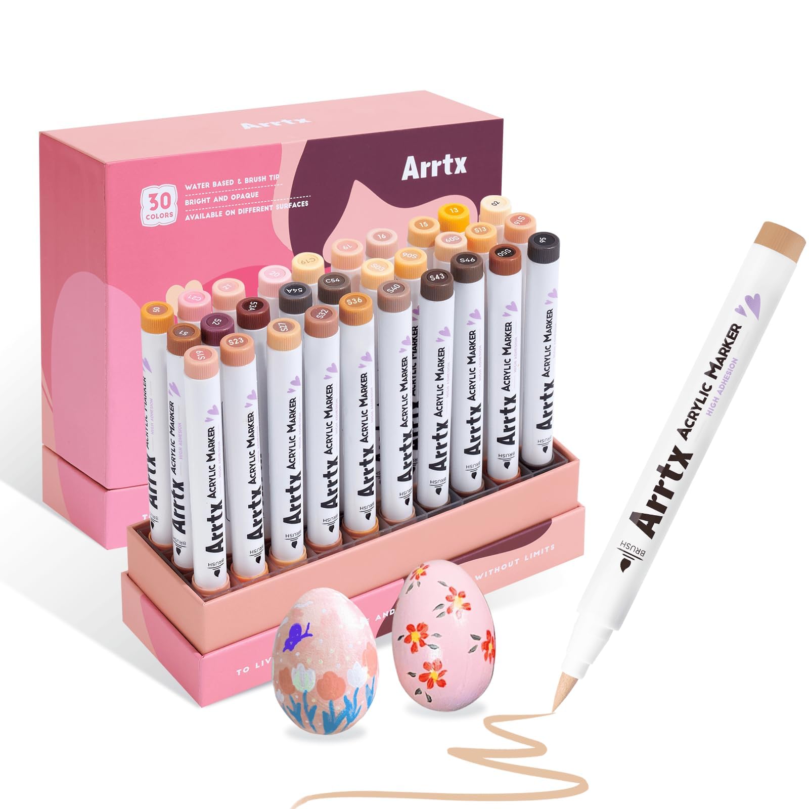 Arrtx 30 Pieces Acrylic Paint Pens with Brush Tip, Water Based Stone Markers Acrylic Markers for Rock Painting, Wood, Canvas, DIY Crafts