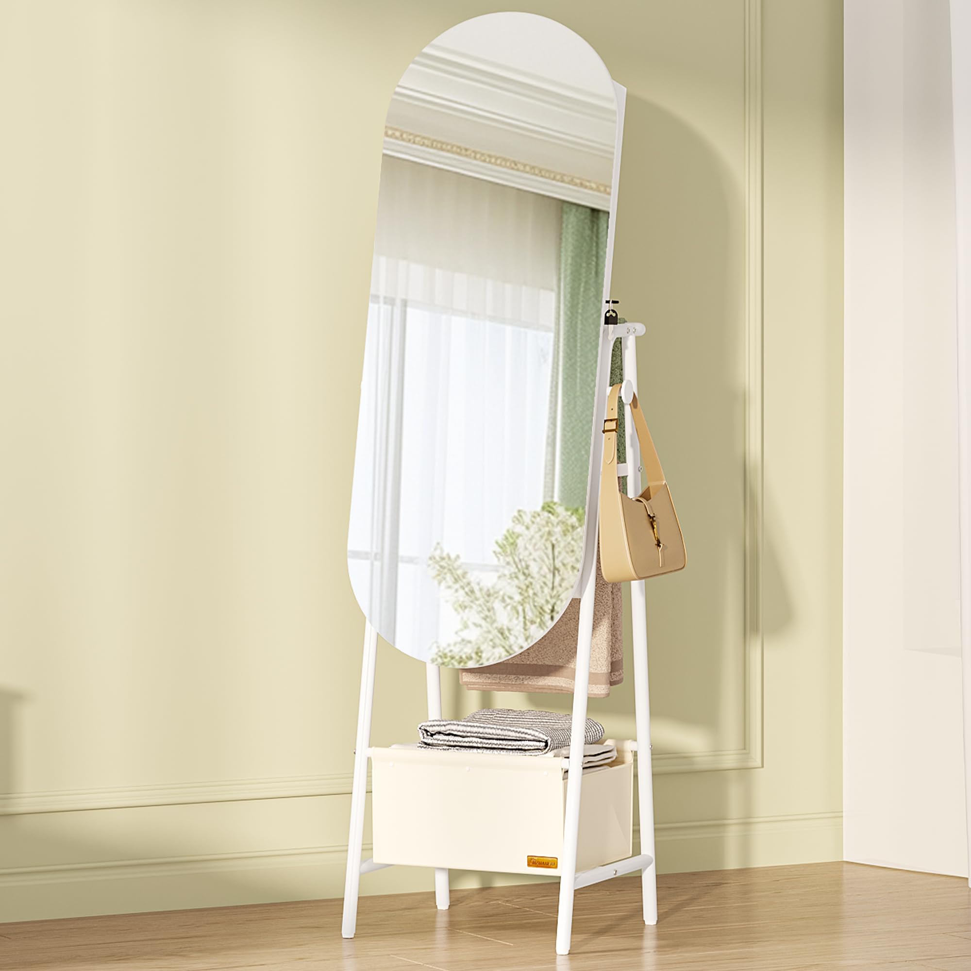 Hzuaneri Hzuaneri Espejo Joyero con Perchero y Cesta de Tela, Espejo Joyero de Pie Armario, Espejo de pie Cuerpo Entero, 16 Luces LED y Ángulo Ajustable, 37 x 42 x 156 cm, Blanco JC40903BE