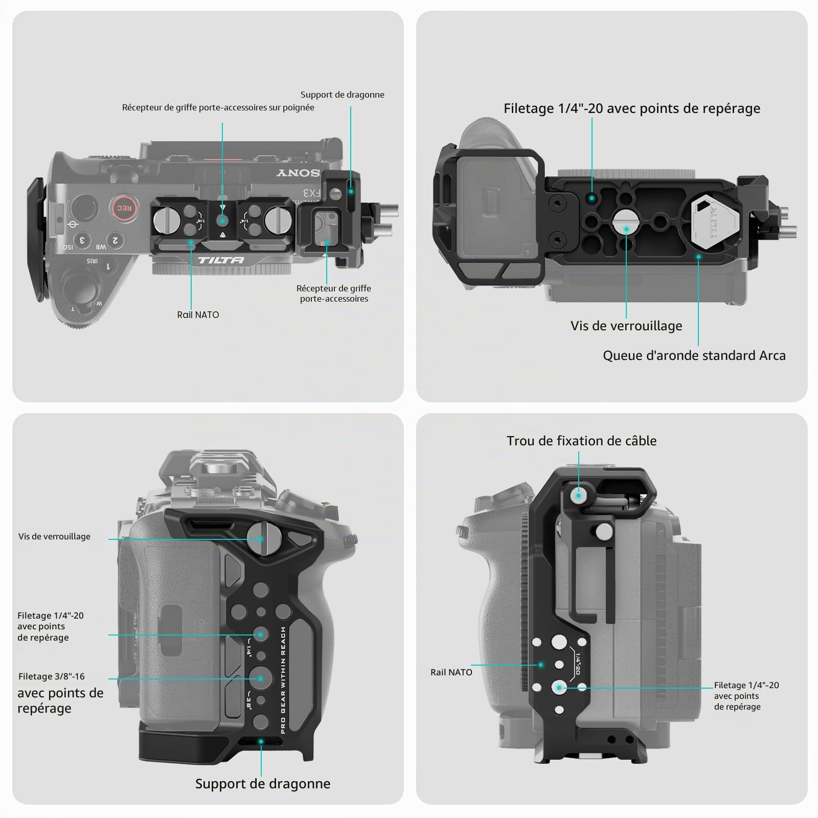 TILTA FX3 FX30 Cage Compatible avec Sony FX3 FX30, Cage de caméra complète avec Fixation de câble HDMI - Noir TA-T16-FCC-B