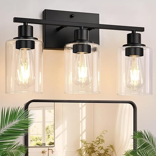 Miniatura 10 de Lámparas de baño de 4 luces, luces de tocador de níquel cepillado con pantallas de vidrio transparente, moderna lámpara de pared de baño para