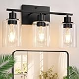 Indoi 3 Light Bathroom Light Fixtures, Matte Black Modern Vanity Lights with Clear Glass Shade, Bathroom Wall Lamp for Mirror Kitchen Living Room Hallway Cabinet Porch