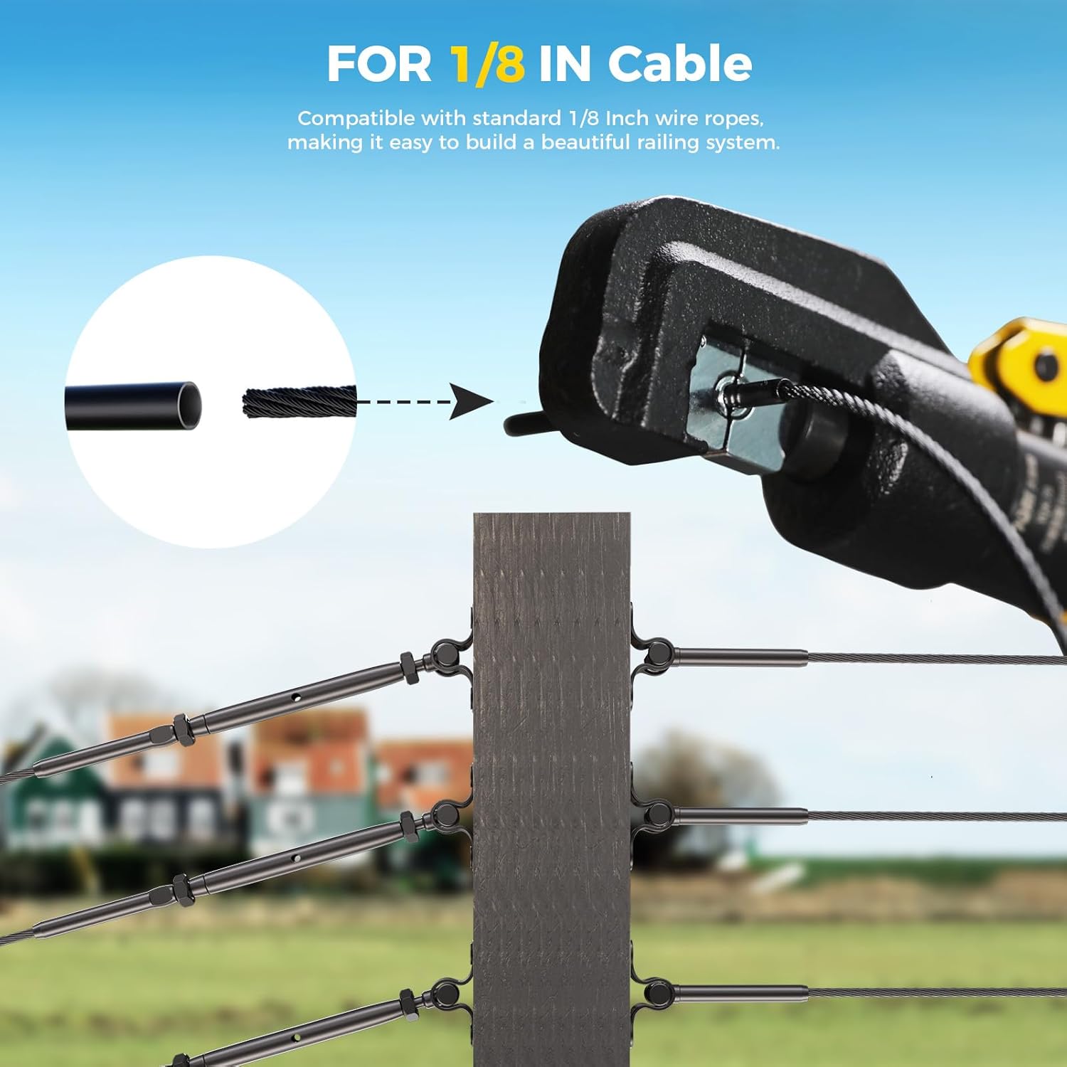 WAYSKA 16 Pairs Black T316 Stainless Steel Cable Railing Hardware Fit 1/8" Wire Rope, Angle 180°Adjustable Swage Toggle Turnbuckle Tensioner and End Fitting, Black Cable Railing Kit for Wood Post