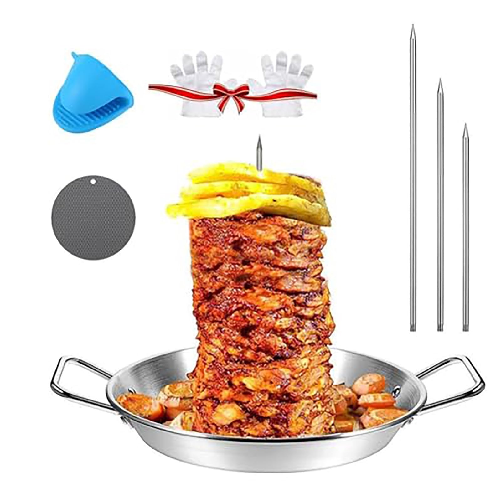 Xesjkomm Gyro Pan With Skewer, 304 Stainless Steel Vertical Spit For Oven Skewer Pan,Gyro Cooking Plate With 3 Removable Spikes & Brushes For Tacos Al Pastor, Shawarma Kebabs Smoker Oven Bbq Dishes ( Color : A