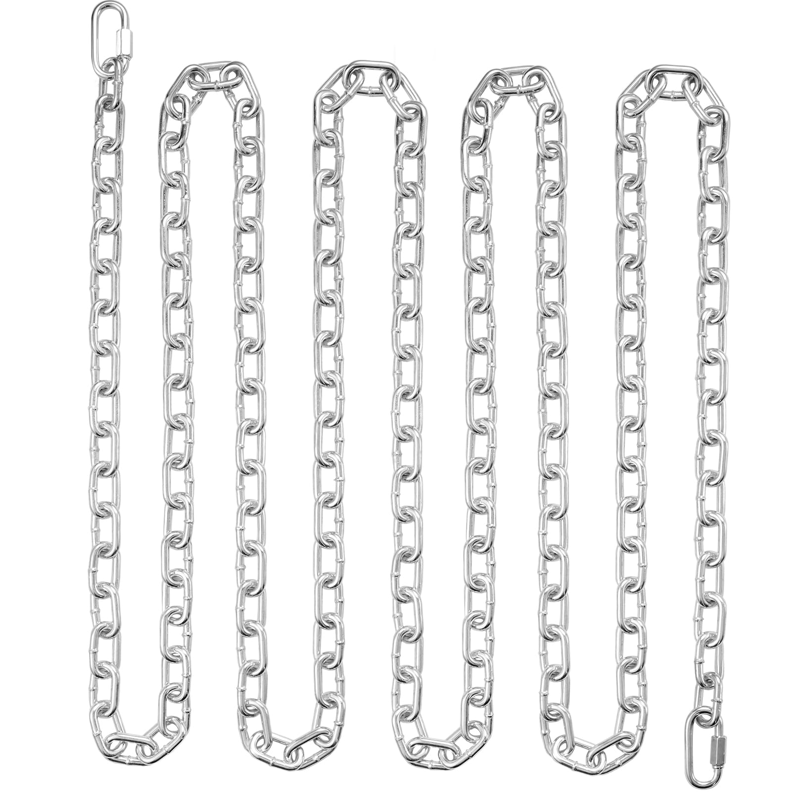 VEVOR Catena a maglie in acciaio al carbonio zincato, 7,3 mm x 28 m, Capacità di carico 756 kg, Due connettori rapidi, Catena per traino, Sospensione, Campeggio, Catena traino di sicurezza da auto
