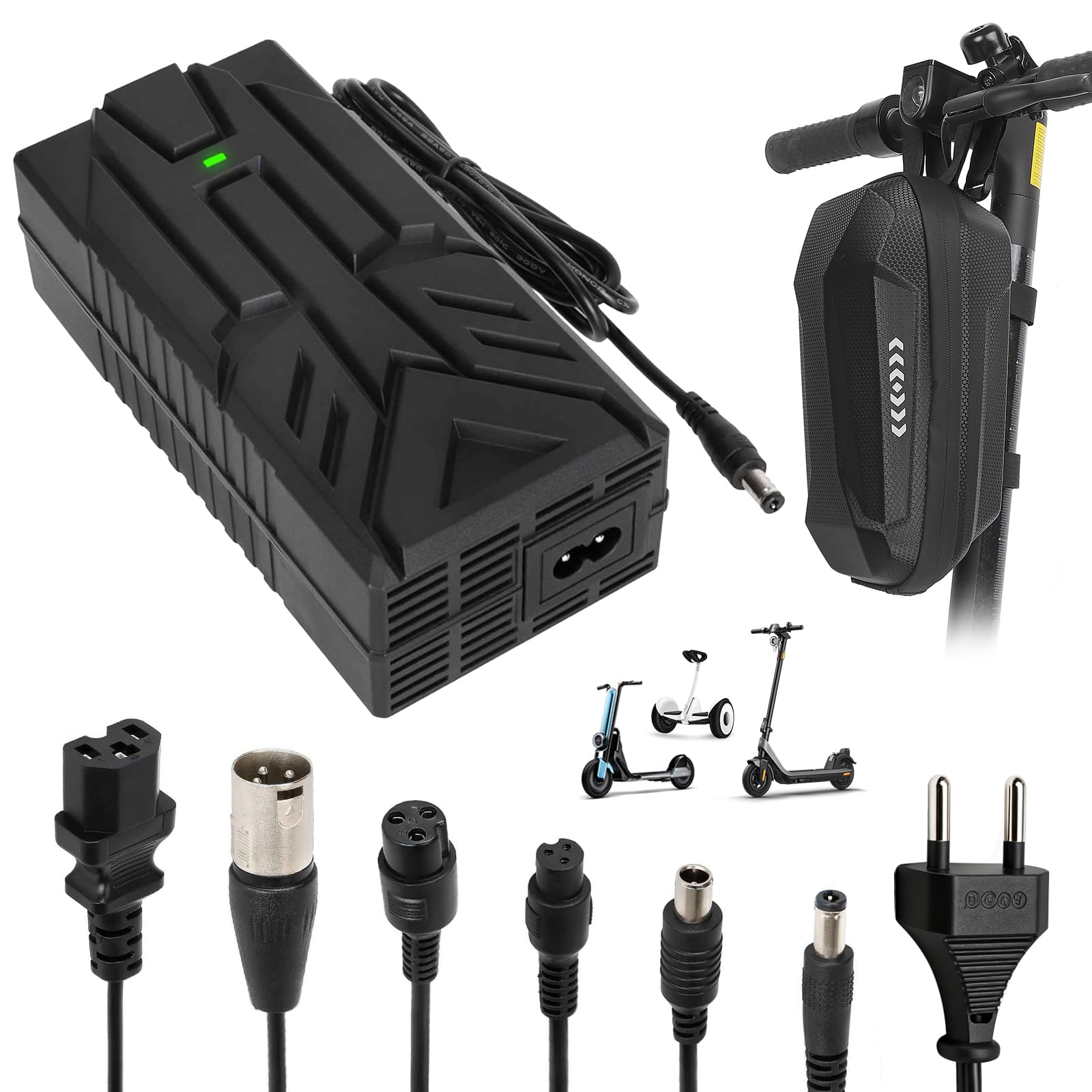 54,6V 2A Chargeur Trotinette Electrique，48V Chargeur Universel Batterie Lithium avec 6 Connecteurs，Charge Rapide Hoverboard, Bici Equilibrata, Drifting Board, E-Bike+2L Sac Rangement Etanche
