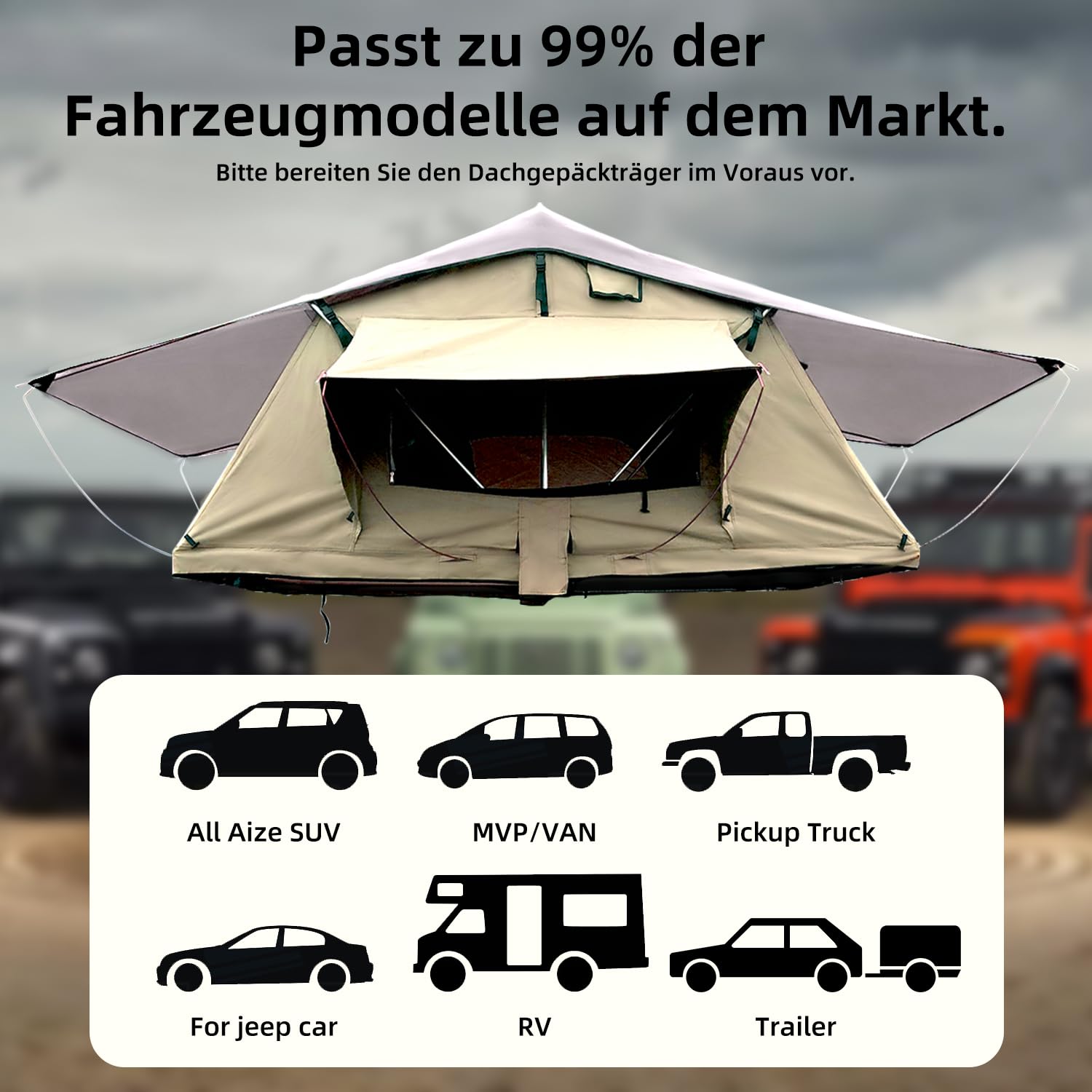 Dachzelt Auto, Dachzelt Auto für 2-3 Personen, Autodachzelt inkl 240 x 140 Matratze, Dachzelte fürs Auto mit Oberlicht, Wasserfest 3500mm, mit 2.1M Aluminium Leiter, Dachzelt für PKW, Bus, LKW, etc.