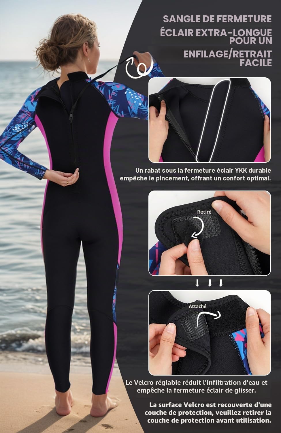 Combinaison de Plongée pour Femme, 3/2mm Néoprène Combinaison de Plongée à Manches Longues pour Plongée, Surf, Plongée avec Tuba, Kayak, Sup