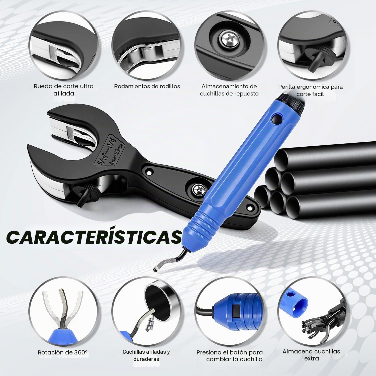 8-29 mm Trinquete Cortatubos PVC de Tubos con 3 Cuchillas de Repuesto Herramienta de Desbarbador Multicapa Guantes y Apto para Tubos de Corta Tubo Cobre Acero Inoxidable Acero Aluminio y PVC