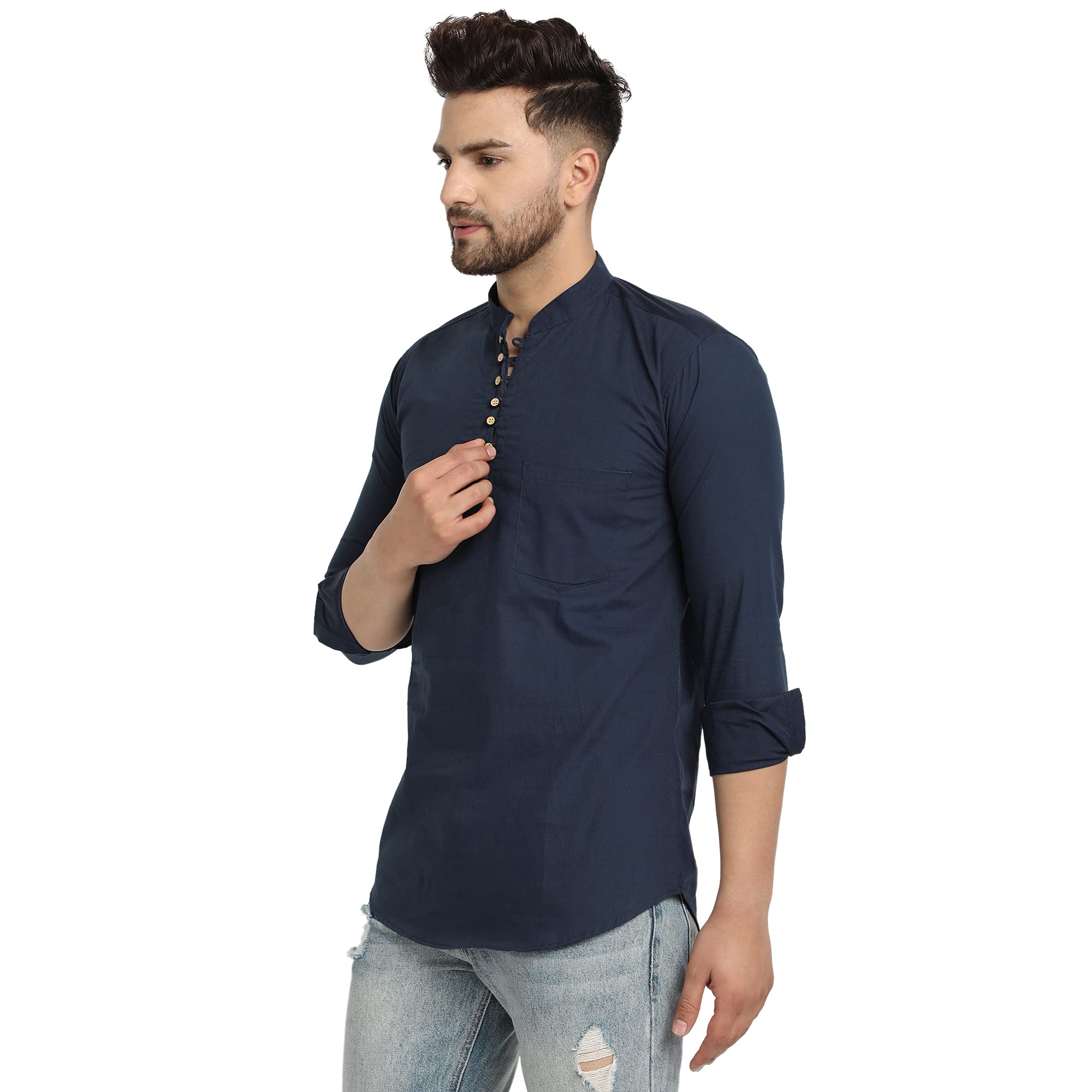 Majestic Man Cotton Slim Fit Solid Casual Short Kurta for Men (Medium, Navy Blue) 1