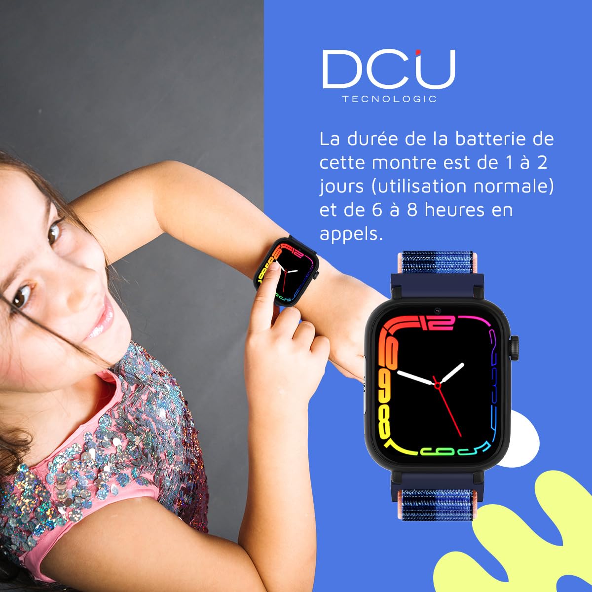 DCU TECNOLOGIC - Montre Connectée Enfant avec système Android - Whatsapp - Positionnement GPS - Appels vidéo - Bouton SOS - Contrôle Parental - Couleur: Bleu