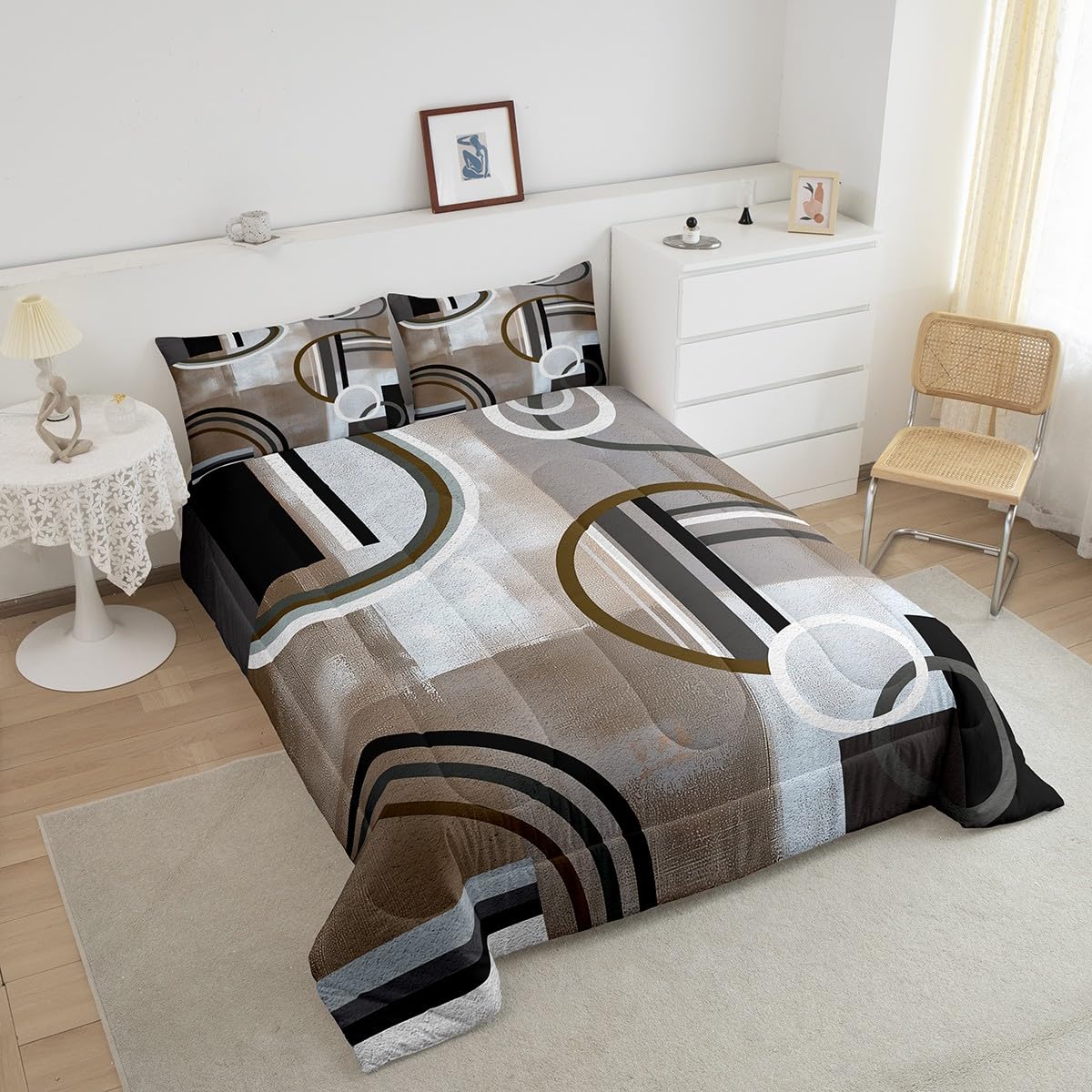 Brown Grey Comforter Set,Geometric Swirls Bedding Set for Kids Boys Girls Teens,Ombre Gradient Bedding Comforter Sets,Modern Geometry Circular Stripes Down Comforter,Abstract Artduvet Insert,King