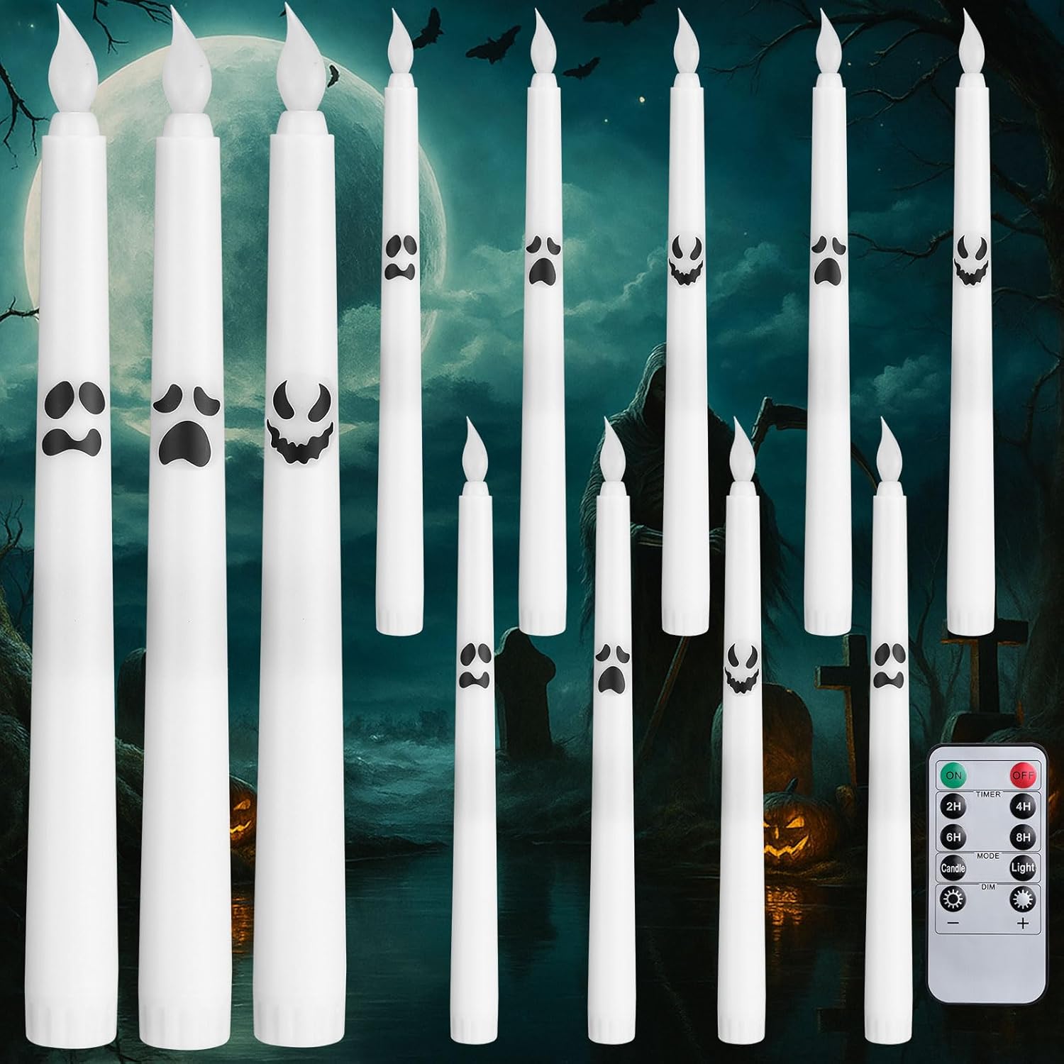 Glooglitter 12 Pcs Halloween Ghost Flameless Taper Candles 10.24'' LED Battery Operated with Remote and Timer, White Spooky Ghost Candle Real Wax for Halloween Party Indoor Table Fireplace Decoration