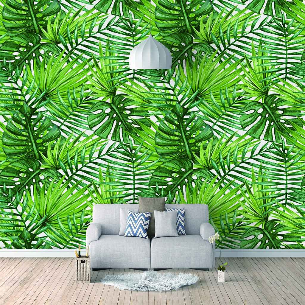 Papier peint canvas 3D plantes tropicales vertes autocollant mural 300x210cm