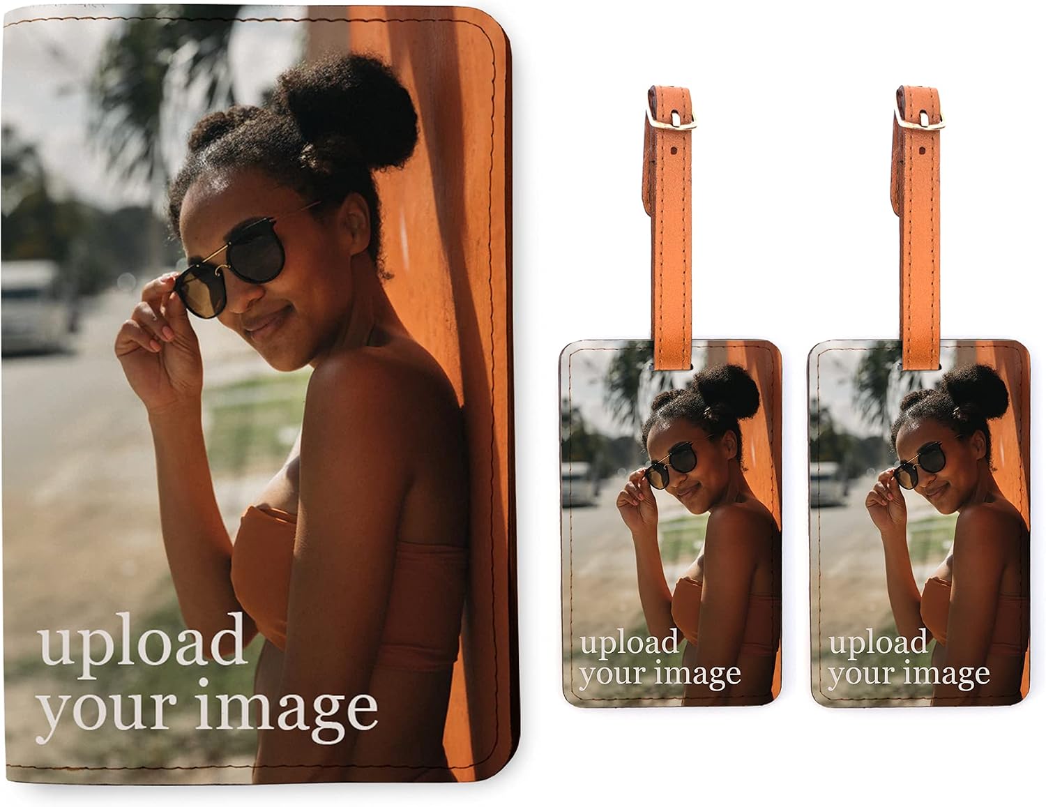 Custom Photo Personalized Passport Holder with Two Luggage Tag Set RFID Travel Wallet Upload Image