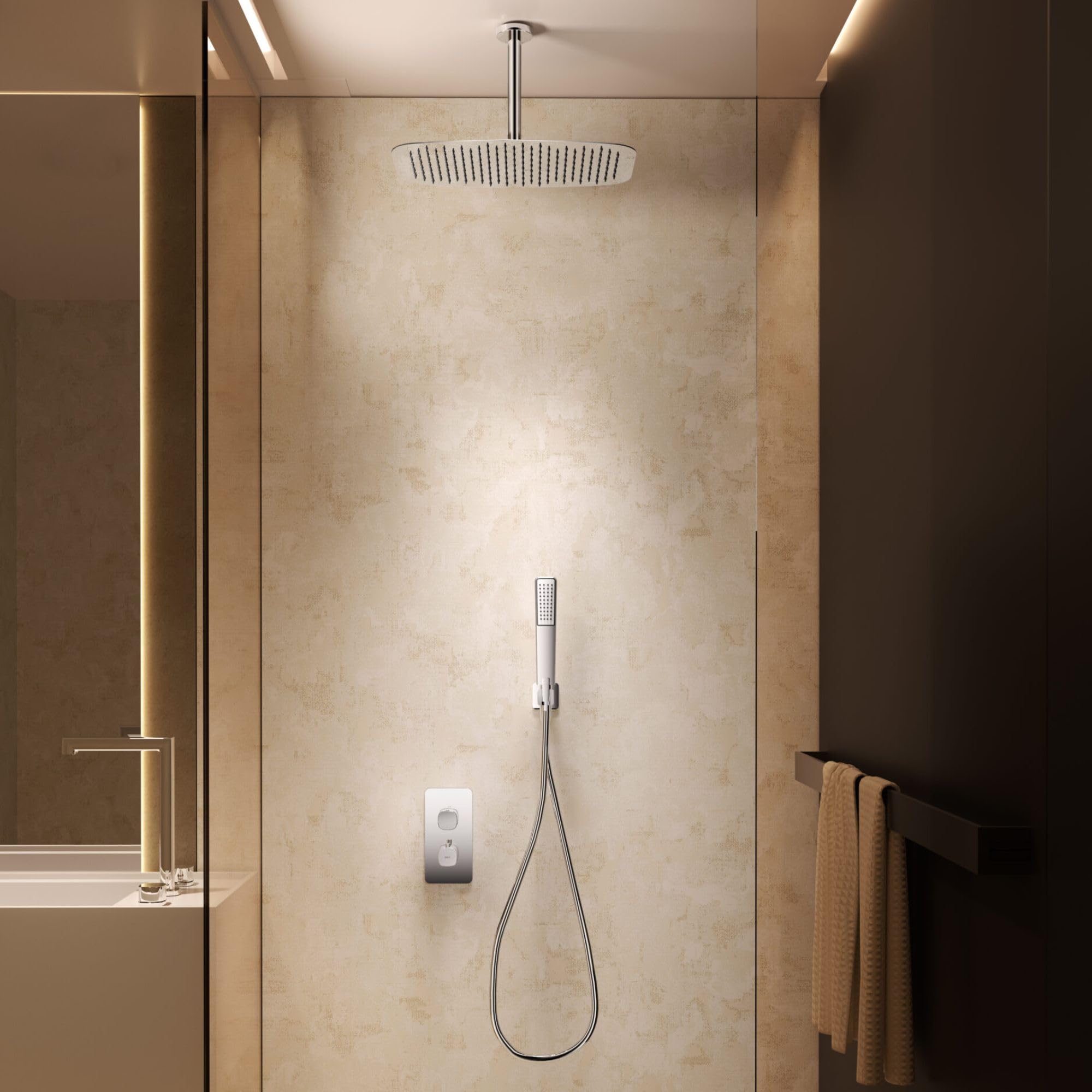 IMEX - Ducha Empotrada Techo Termostática Dorada | Conjunto Empotrado de Grifería con Alcachofa y Rociador Antical Efecto Lluvia | Ducha Empotrada con Grifo en Latón y Acero Inox S.304 | Serie Arezzo