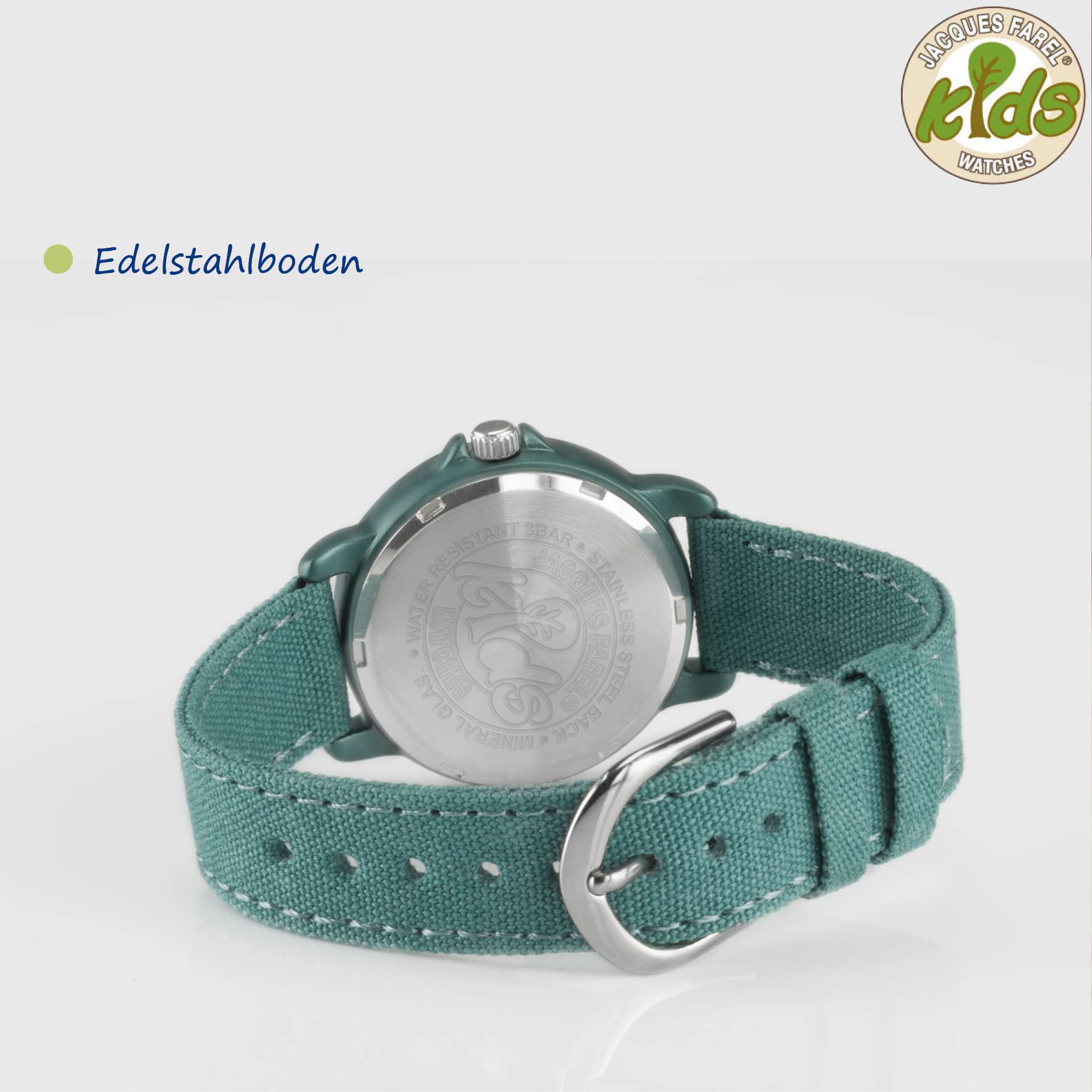 Jacques FAREL Lernuhr Öko Kinderuhr Jungen Armbanduhr Analog Quarz mit Textilarmband aus Bio-Baumwolle Jade-Blau Türkis Nachhaltig ORGT 1114