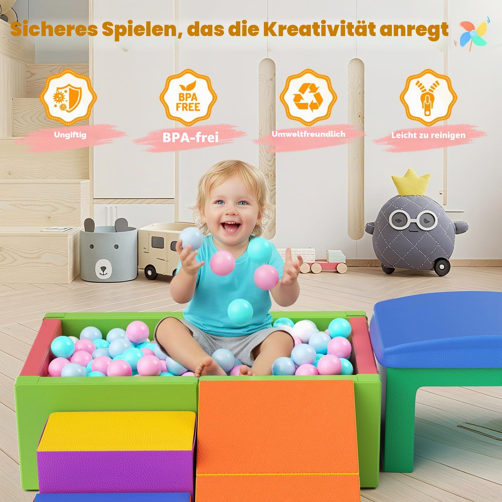 Bällebad Baby 90x56x30cm, Schaumstoff Spielbecken mit PU-Leder, Versteckter Reißverschluss, Waschbar, Abwaschbar, Sicher für Kinder, Faltbar