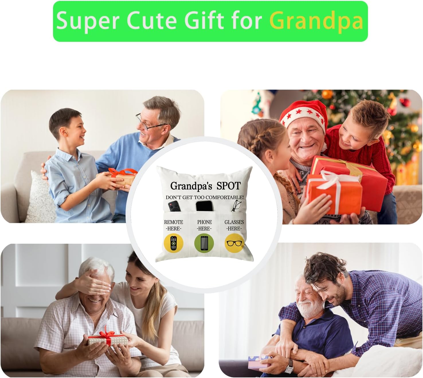 ONFAON Grandpa Gifts,Grandpa's Spot Throw Pillow Covers 18x18 Inch,Put Phone Glasses and Remote Control Pillowcase,Birthday Christmas Thanksgiving Day Gifts for Grandpa Stepdad,3-Pocket - Image 7