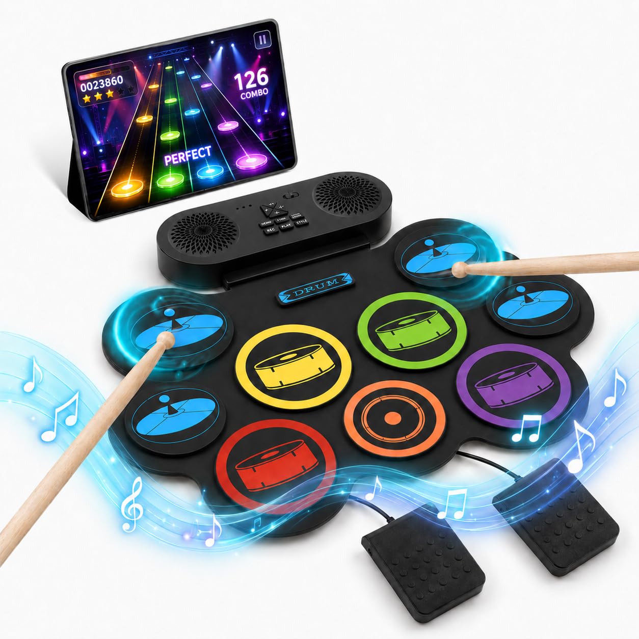 Batería Electrónica Portátil Enrollable para Niños y Adultos, 9 Almohadillas Silenciosas con Altavoz Bluetooth, Batería Musical para Principiantes, Kit Completo con Pedales y Baquetas
