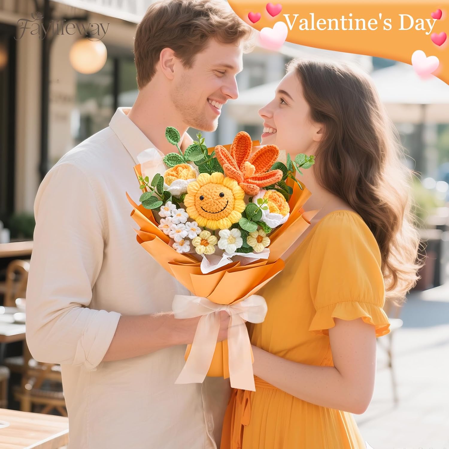 Crochet Flower Bouquet, Handmade Knitted Flowers,Orange Crochet Sunflower Bouquet for Lover Birthday, Anniversary, Wedding, Homecoming Gifts(Include Card)