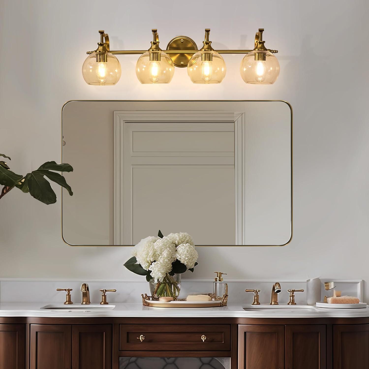 ANDY STAR Brass Vanity Light, Gold Bathroom Light Fixtures 4 Lights, 27.8 Inch Vintage Bathroom Sconces, Brushed Brass Vanity Lighting with Globe Clear Glass Shade, E26 Base (Bulbs Not Included)