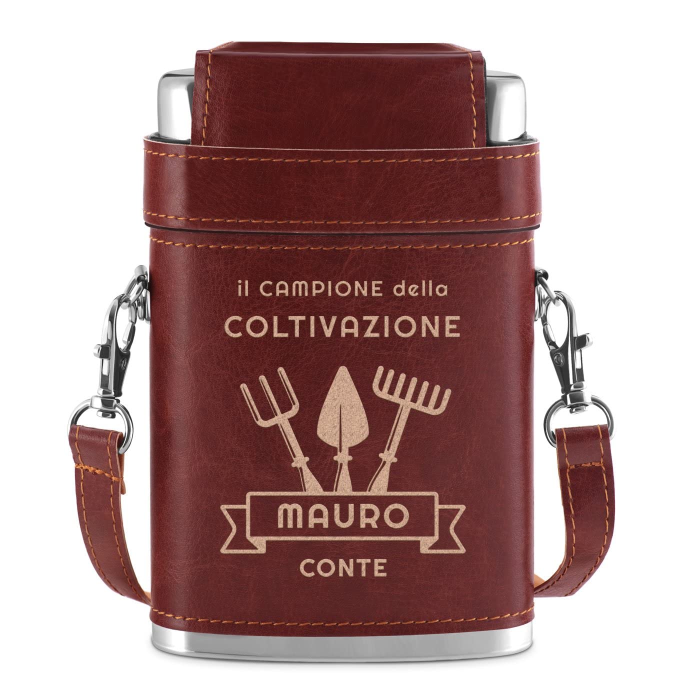 Maverton Fiaschetta in metallo rivestita in pelle - incisione personalizzata - in acciaio con tre bicchierini - dimensioni 15cm x 9,5cm x 3cm - perfetta idea regalo per uomo - pollice verde