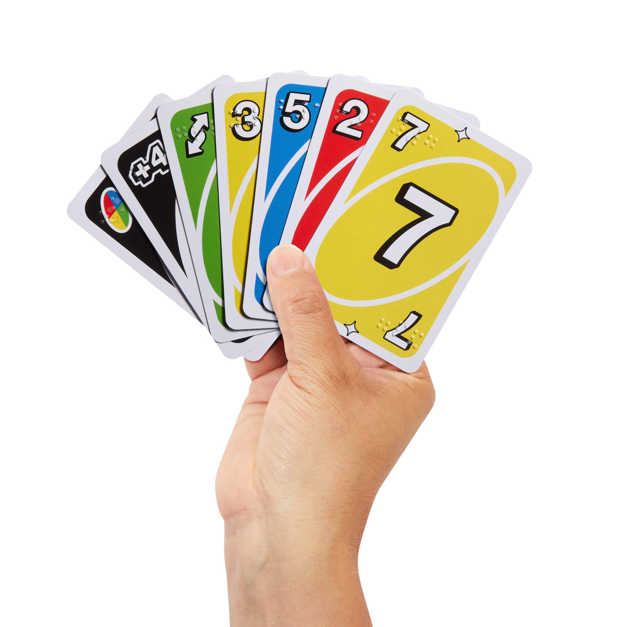 Mattel Games - UNO Braille, l'iconico gioco di carte in una versione speciale con un mazzo appositamente progettato per giocatori non vedenti o ipovedenti, 7+ anni, JMK87