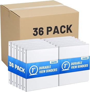 SUIN 3 Ring Binder Bulk 36 Packs -Premium 1 Binders with Roung Ring Binder, Large 200 Sheet Capacity, Fit 8.5" x 11" US Letter Size Paper, White 1 White - 36 Packs