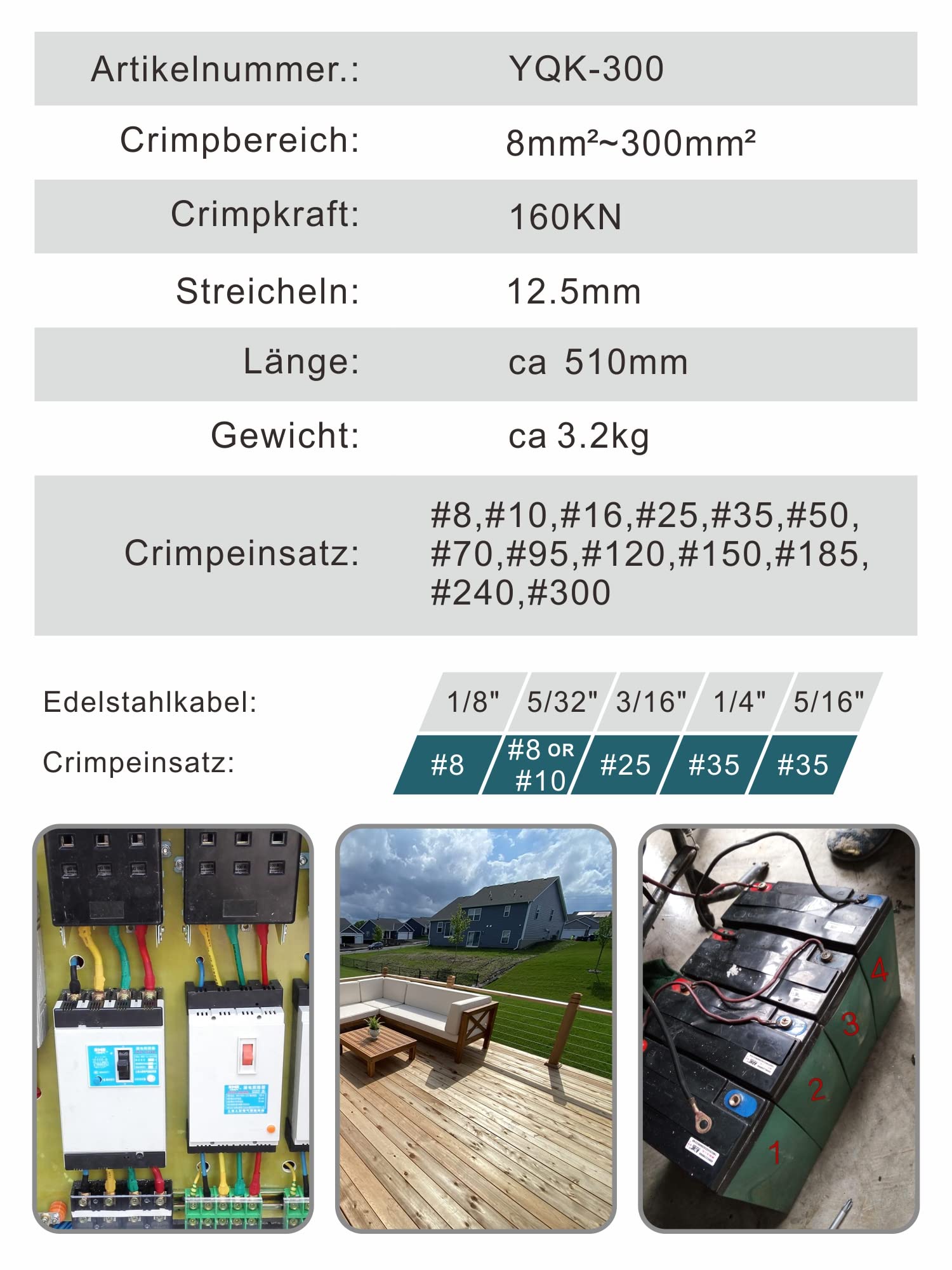AMZCNC Pinza crimpatrice idraulica 16 tonnellate con 13 inserti di crimpatura in acciaio, 8-300 mm², set di attrezzi professionale per capicorda in rame e alluminio.